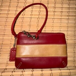 RARE Coach Vintage Y2K Leather Rugby Strip Skinny Burgandy Tan Wristlet Clutch